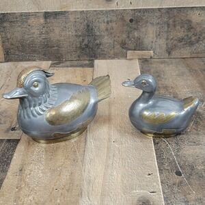 Vintage Pewter Brass Duck Figurine Trinket Box Orante Decor‎ Set of 2 Hong Kong